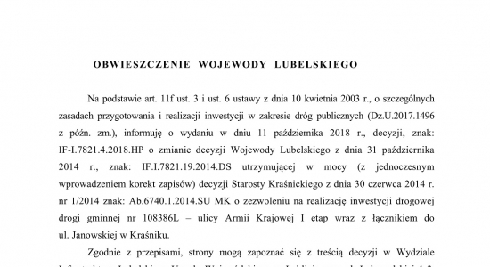 Obwieszczenie Wojewody Lubelskiego w sprawie realizacji inwestycji drogowej